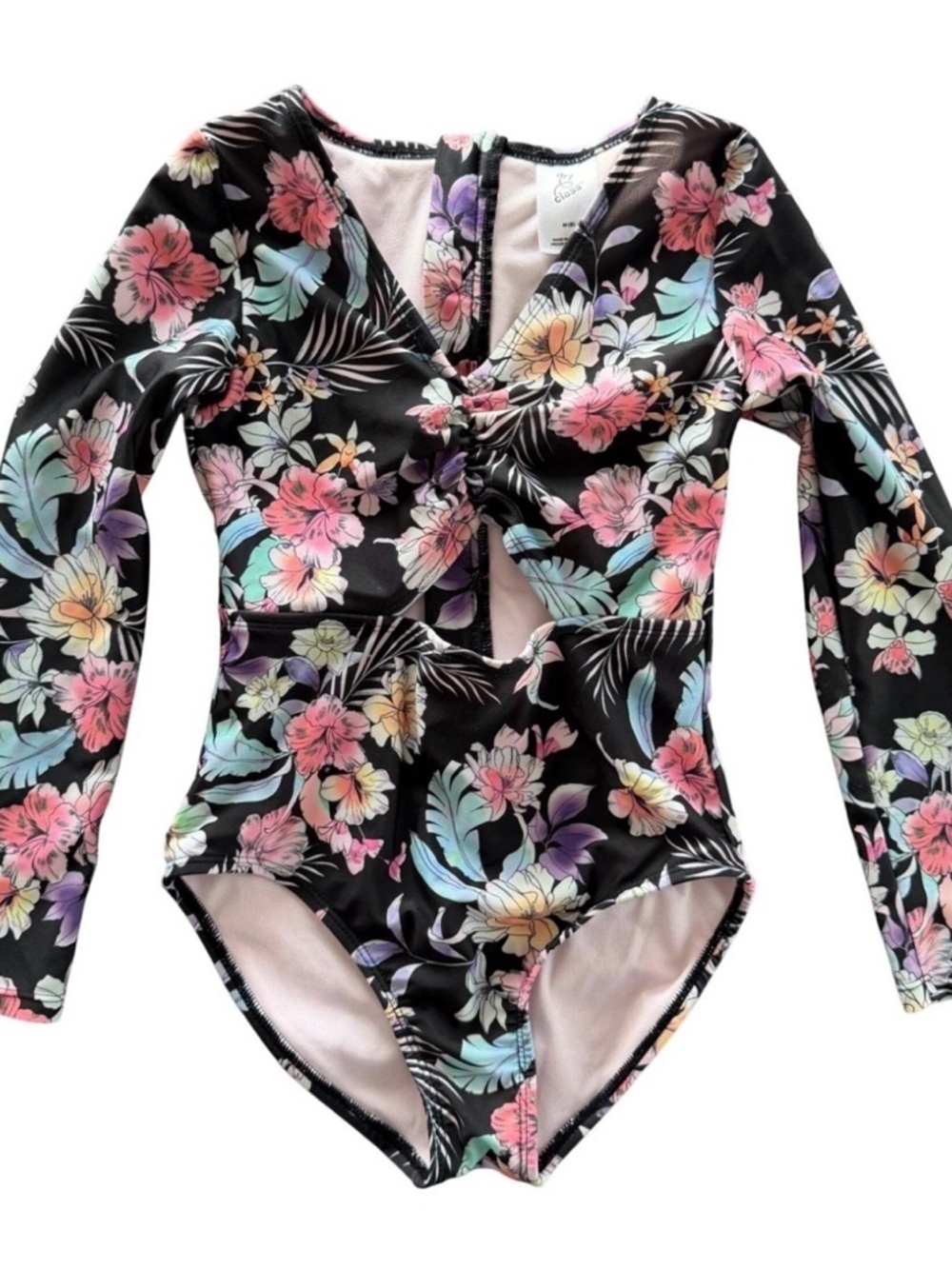 Black Floral Tie-Front Long-Sleeve Girls One-Piece Swimsuit w Rashguard